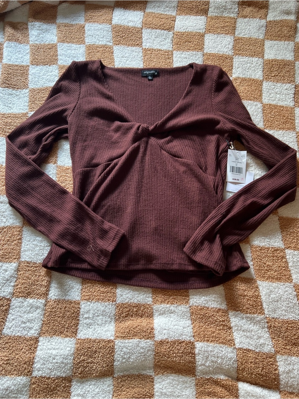 Twist-Front Ribbed Long Sleeve Top - Dark Brown